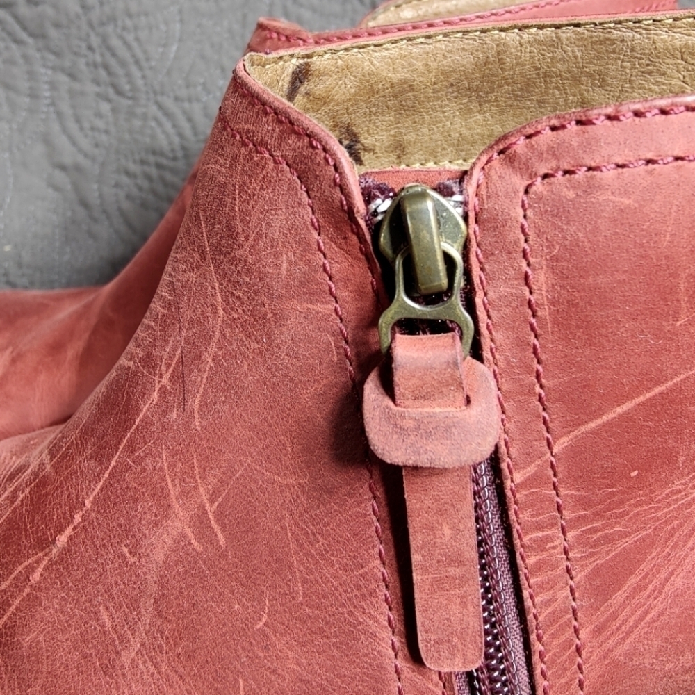 Dansko Max Block Heel Zip Distressed Rust Burgundy Leather Ankle Wedge 6.5-7 - Picture 5 of 13